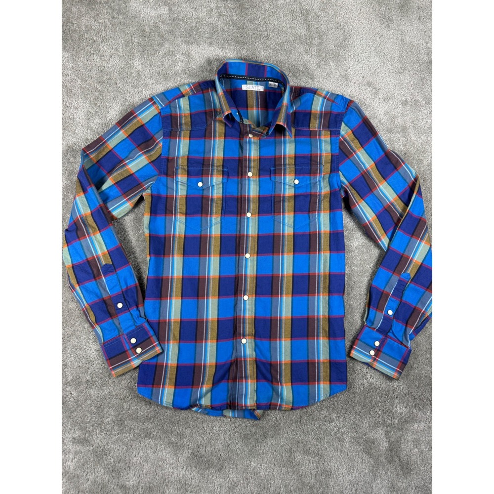 Slate Mens Blue Plaid Western Snap Long Sleeve Shirt Cotton 8RS8940 Medium